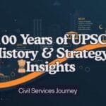 YouTube thumbnail showing 100 Years of UPSC with history, reforms, and strategy insights for civil services aspirants