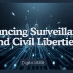 A professional digital illustration symbolizing the balance between government surveillance and personal privacy, showing technology elements like data streams, security cameras, and digital icons representing civil liberties.
