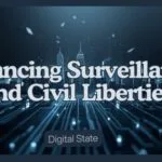 A professional digital illustration symbolizing the balance between government surveillance and personal privacy, showing technology elements like data streams, security cameras, and digital icons representing civil liberties.