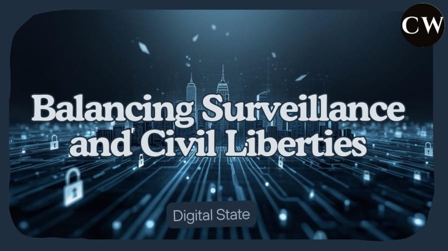 A professional digital illustration symbolizing the balance between government surveillance and personal privacy, showing technology elements like data streams, security cameras, and digital icons representing civil liberties.