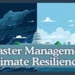 Educational featured image illustrating disaster management, climate resilience, and state capacity with visuals of global coordination, emergency response, and sustainable development.