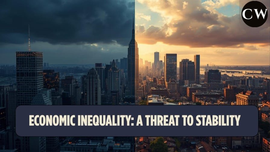 Educational illustration showing economic inequality and its impact on social and national stability, with contrasting wealth symbols and balanced design.