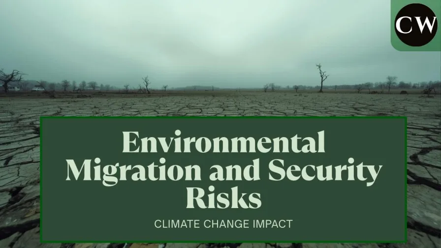 Illustration showing environmental migration and its impact on internal security — depicting displaced people, climate change effects, and national borders, symbolizing awareness of human and environmental security challenges.