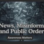 A serious educational illustration showing digital misinformation spreading across media channels, symbolizing the societal impact of fake news and its influence on public order.
