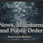 A serious educational illustration showing digital misinformation spreading across media channels, symbolizing the societal impact of fake news and its influence on public order.