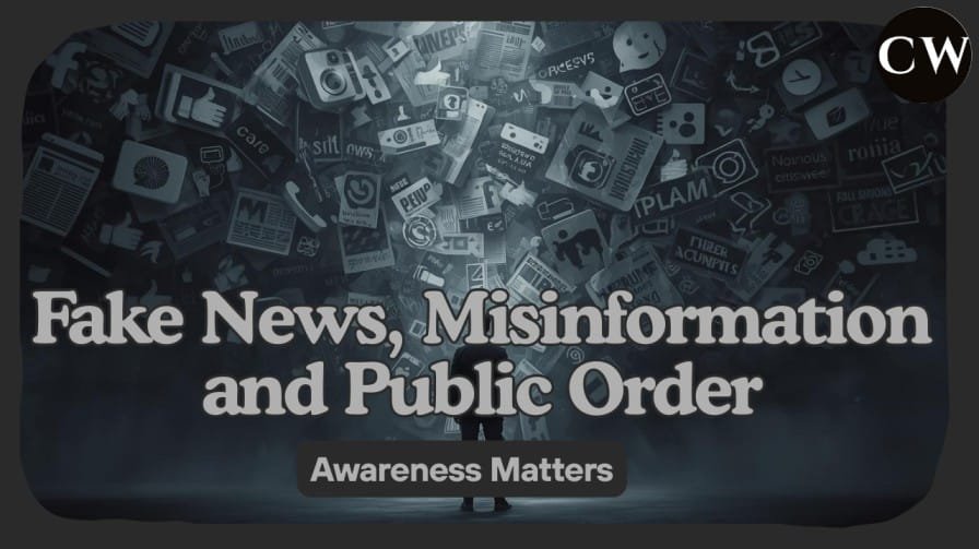 A serious educational illustration showing digital misinformation spreading across media channels, symbolizing the societal impact of fake news and its influence on public order.