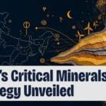 India’s Critical Minerals Strategy in the Global Energy Transition, featuring an India map with minerals, batteries, and renewable energy symbols.