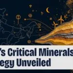 India’s Critical Minerals Strategy in the Global Energy Transition, featuring an India map with minerals, batteries, and renewable energy symbols.