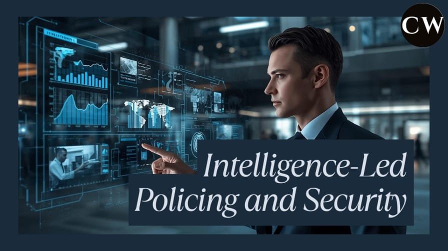 “Academic featured image showing law enforcement data analysis and security governance concepts, representing intelligence-led policing and preventive security strategies.