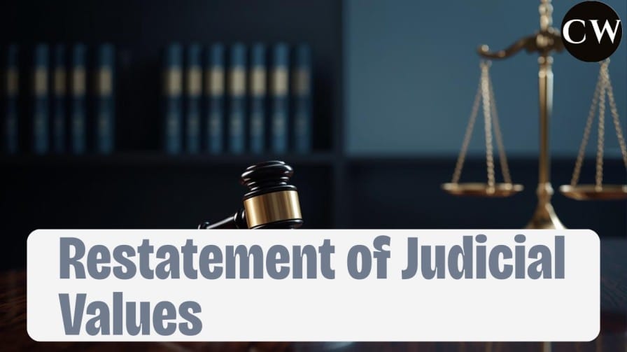 Educational featured image illustrating “Restatement of Values of Judicial Life – The Ultimate UPSC and JKAS Guide to Judicial Ethics,” showing symbols of justice, law books, and a balanced scale to represent integrity and ethics in the judiciary.