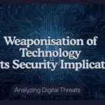 Abstract digital background illustrating the weaponisation of technology — depicting data networks, AI graphics, and cybersecurity locks in a professional, academic style.