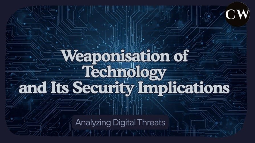 Abstract digital background illustrating the weaponisation of technology — depicting data networks, AI graphics, and cybersecurity locks in a professional, academic style.