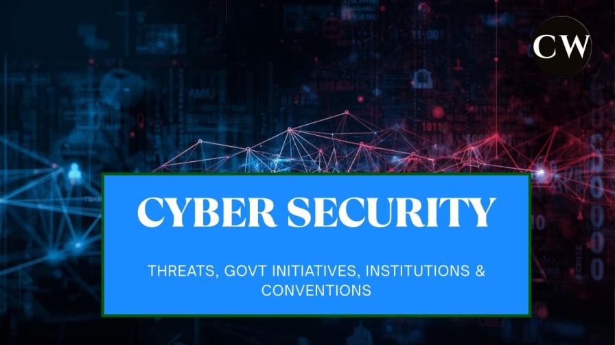 Cyber security concept showing digital shield and network protection representing types of cyber threats, government initiatives, institutional framework and international conventions.